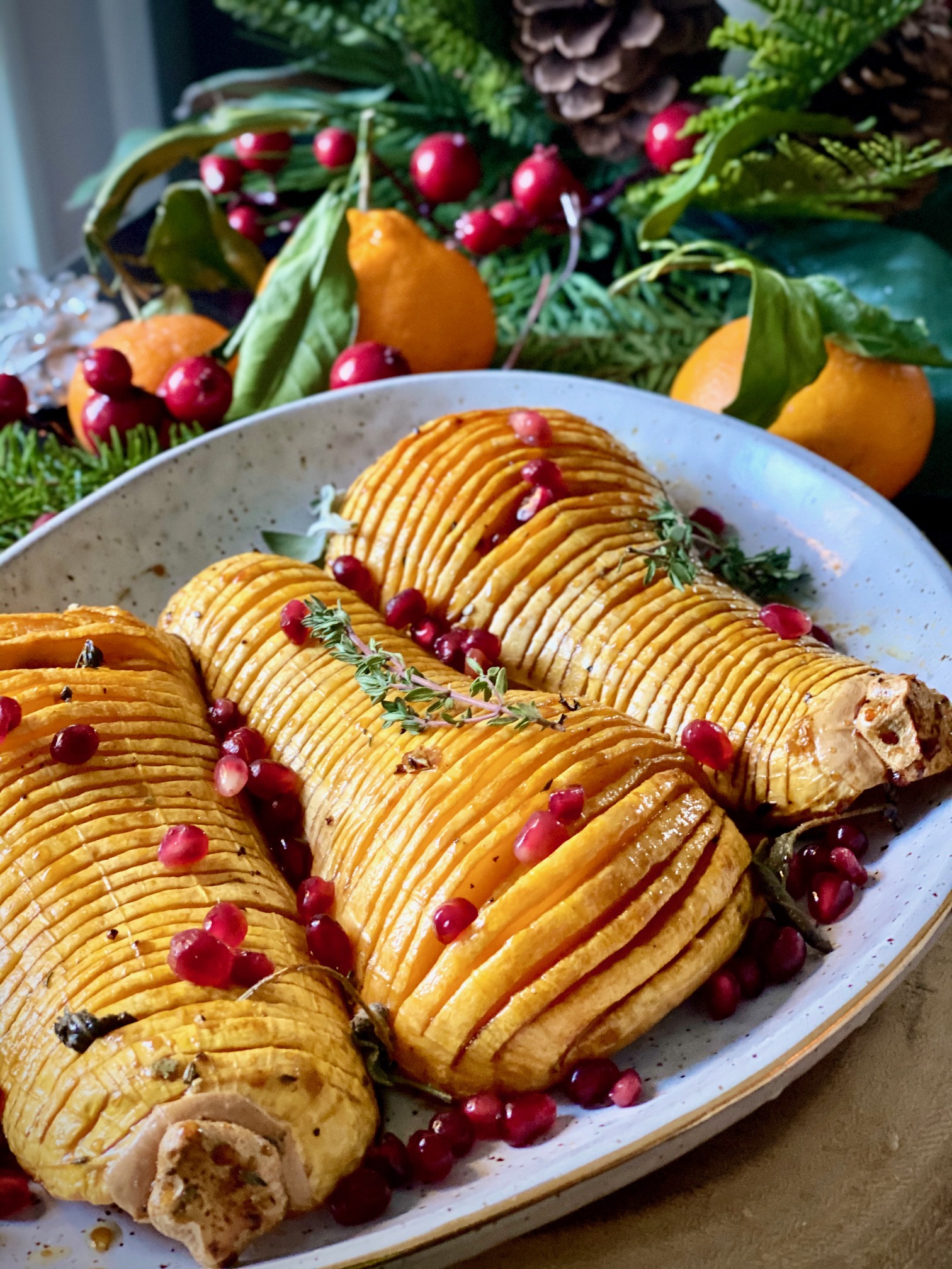 Hasselback butternut with pomegranate and oranges