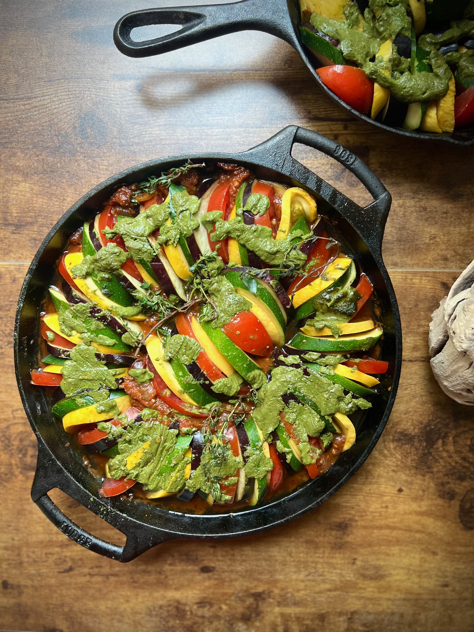 Ratatouille with pesto sauce on top