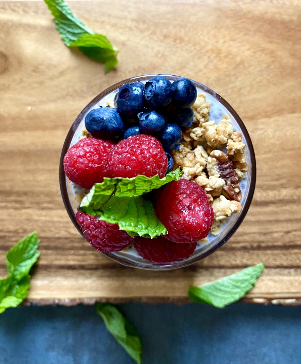 Overhead view of Chia pudding with berries and granola