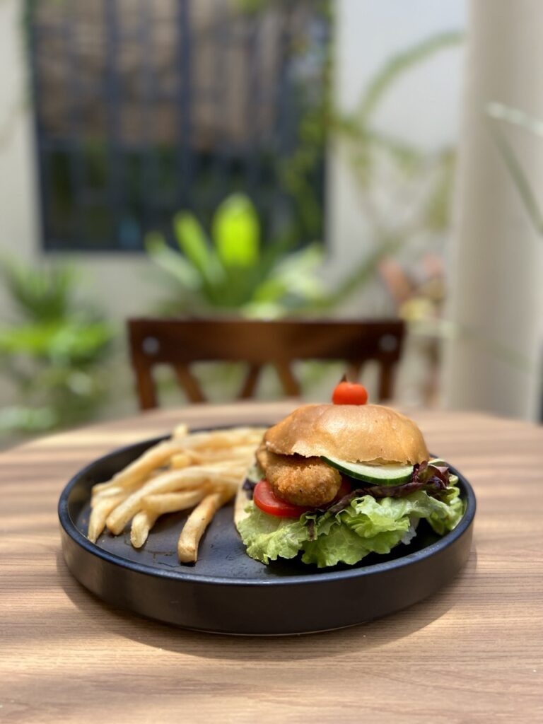 Plate with chicken burger and French fries