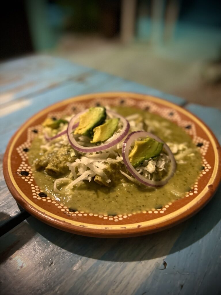 A plate with green enchiladas and sauce