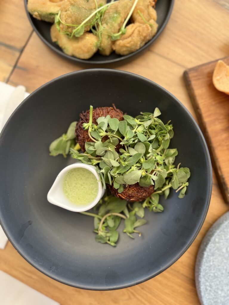 bowl of fritters with micro greens and sauce