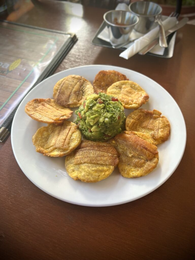 A plate of tostones with guacamole in the center