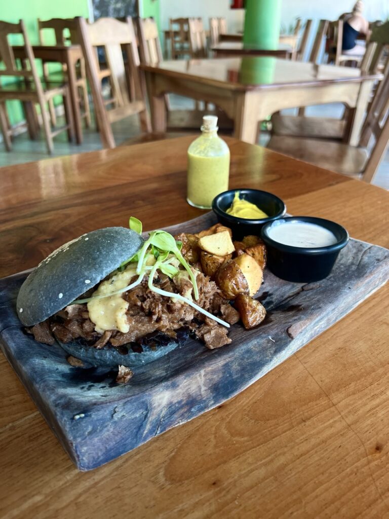 burger on a platter with two sides of sauce