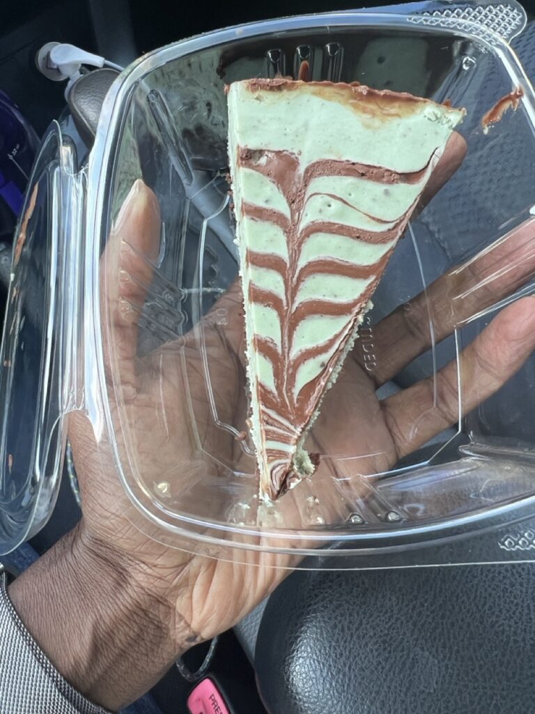 Slice of raw chocolate mint pie.