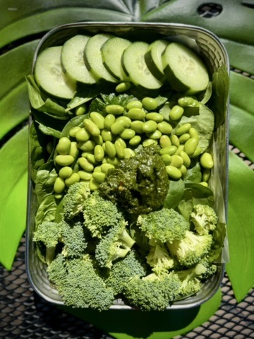 Green salad made with sliced cucumbers, broccoli, and edamame  on a bed of spinach and topped with chimichurri 