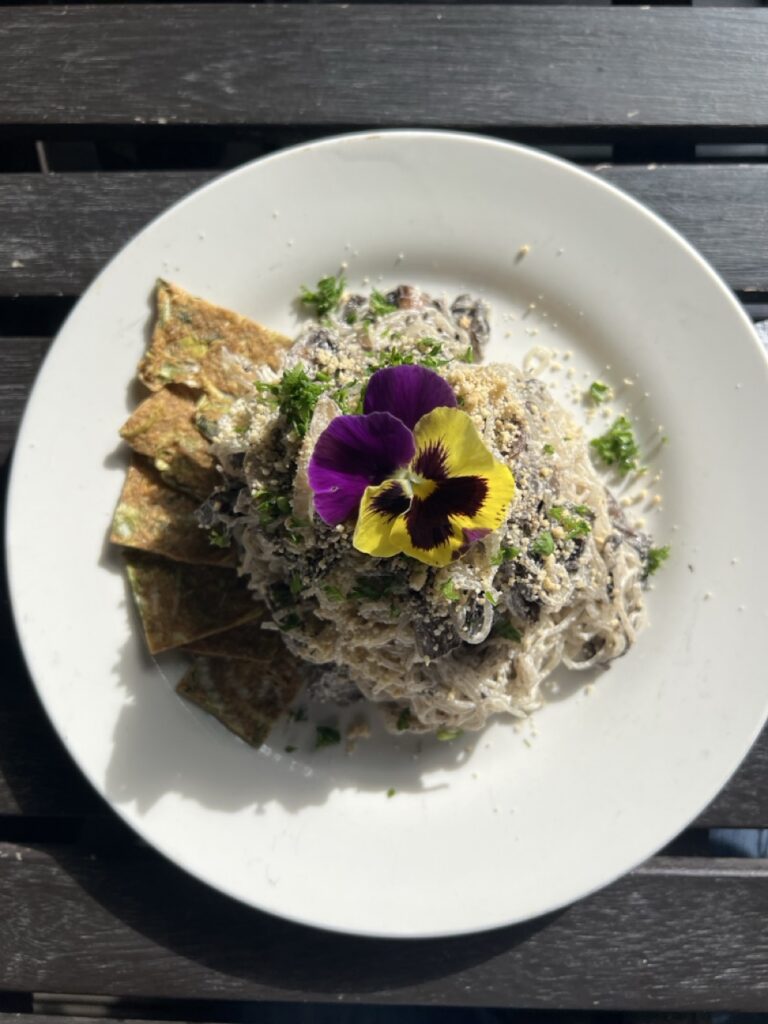 A plate of mushroom stroganoff made with kelp noodles and topped with purple and yellow edible flowers.