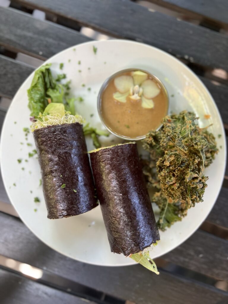 Nori wrap stuffed with vegetables served with a side of kale chips and peanut dipping sauce..