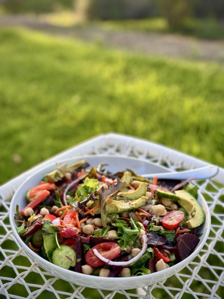 Beautiful picture of Everything said with field greens, arugula, shredded carrots, bell peppers, red onions, avocado, dates, beets, chickpeas, pumpkin seeds, and tomatoes.