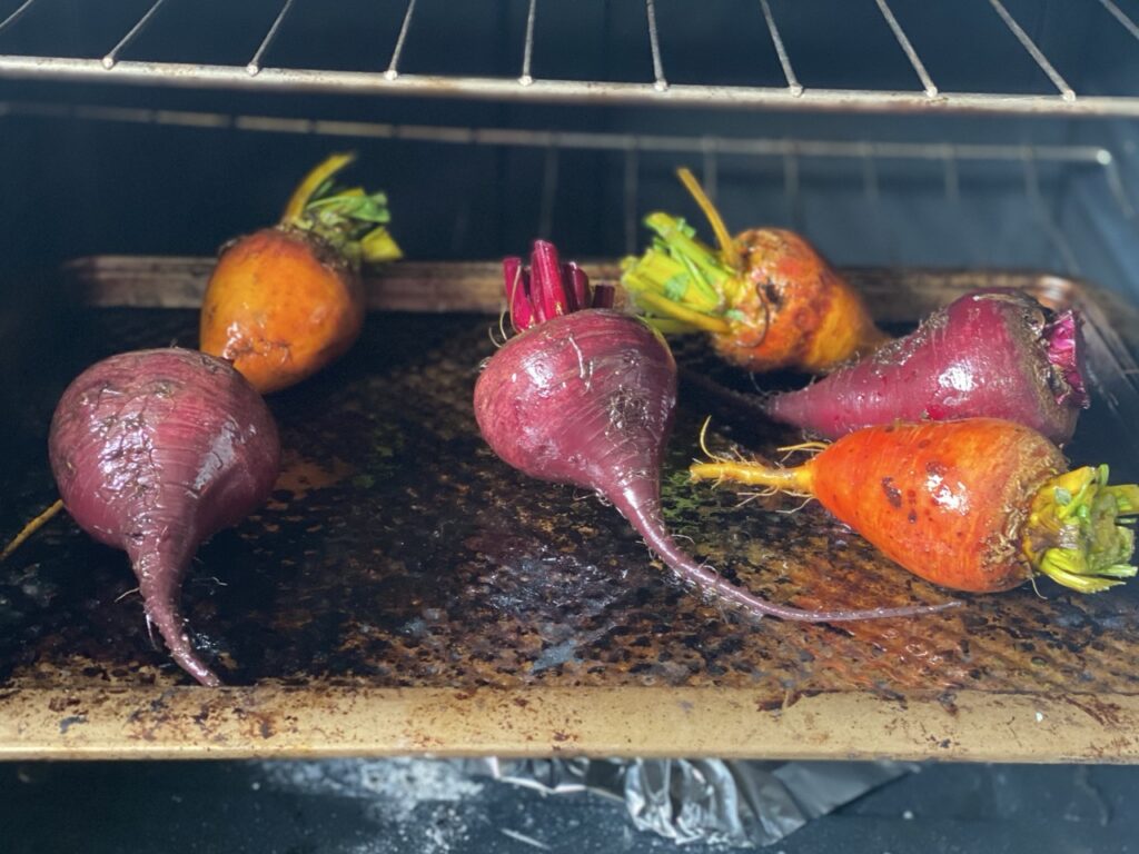 Golden and red beets on a sheet pan in an oven being roasted.