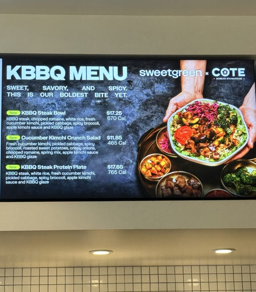 Korean BBQ Menu board at Sweetgreen restaurant
