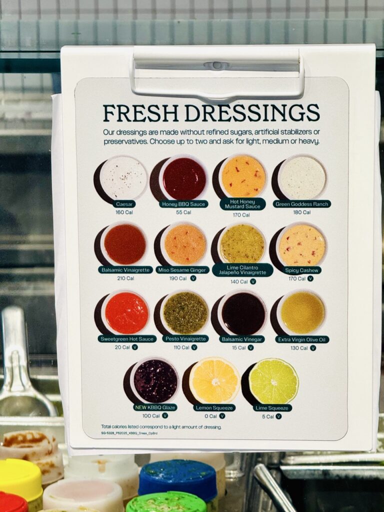 Poster of fresh dressings offered at Sweetgreen 