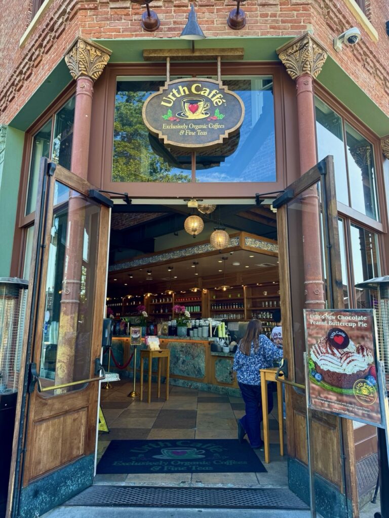 Front entrance of Urth Caffe in Orange with open doors.