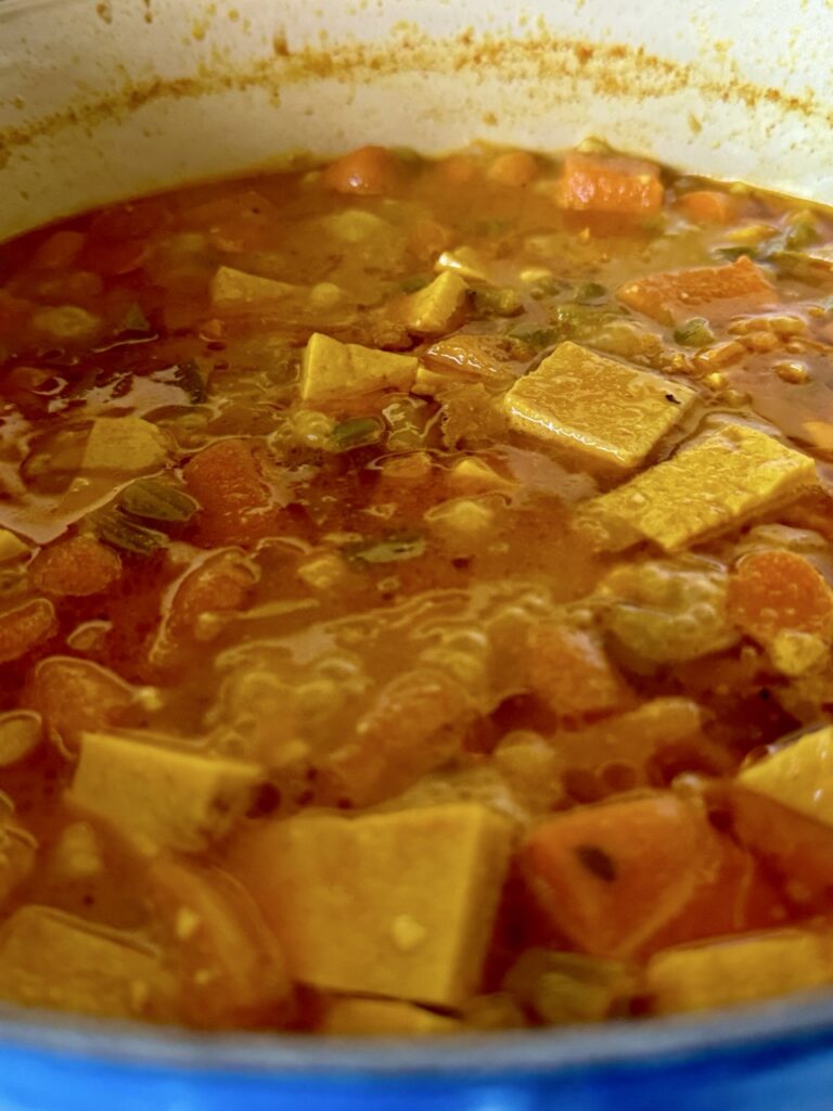 Pot of vegan panang curry with cubes of tofu, bell peppers, carrots, sweet potato, coconut milk, spring onion and cilantro