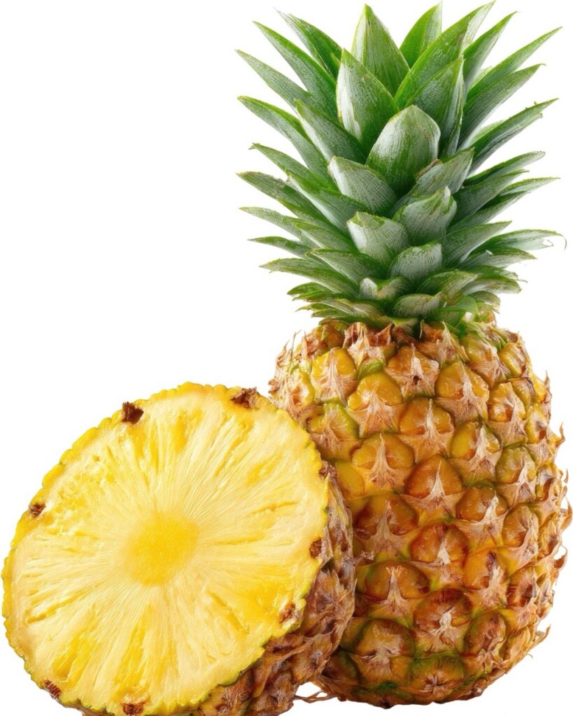 Fresh pineapple with a slice of fresh pineapple leaned against it.